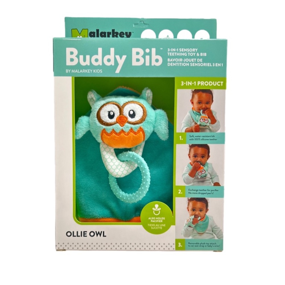 🌻4/$20 Buddy Bib Ollie Owl 3-N-1 Sensory Teething Toy & Bib New Product
